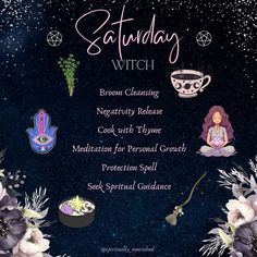 an image of the saturday witch flyer with flowers and other items on it in front of a night sky