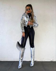 Silver Boots Concert Outfit, Beyonce Metallic Outfit, Bedazzled Boots Outfit, Metallic Boots Outfit Street Style, Shiny Cowboy Boots Outfit, Silver Metallic Cowboy Boots Outfit, Styling Silver Boots, Outfit With Silver Boots