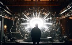 a man standing in front of a large machine with lots of light coming from it