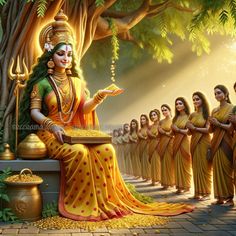 a painting of goddess sitting in front of a group of people