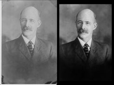 two old black and white photos of men in suits, one with a moustache