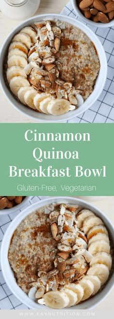 cinnamon quinoa breakfast bowl with bananas and almonds