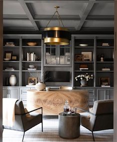 a living room filled with lots of furniture and bookshelves on top of each other