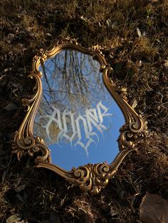 a mirror sitting on the ground with graffiti written on it's side and trees in the background