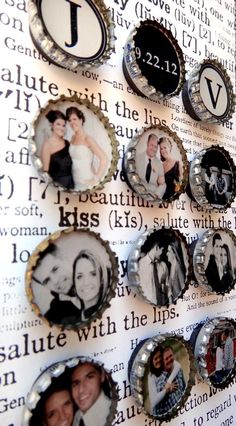 an image of a wedding photo collage on a newspaper page with buttons attached to it