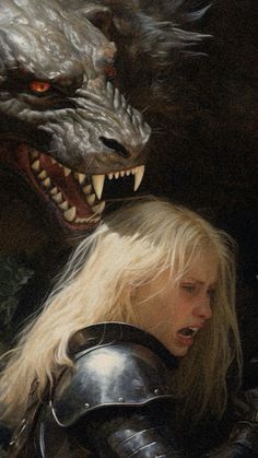 a painting of a woman in armor with a wolf on her shoulder and another creature behind her