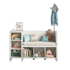 a stuffed animal sitting on top of a white bench next to a bookshelf