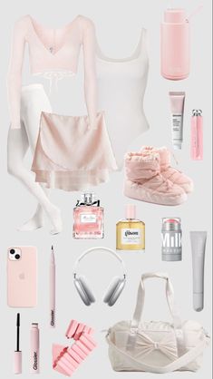 the contents of a woman's white outfit are arranged on a gray background with pink accessories