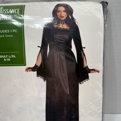 Renaissance Witch Women’s Adult Large/Xl (6-10) Black Halloween Costume Long Sleeve, Black Long Dress, Made China, New In Seal Bag, Stretchy Material, 1 Piece Black Halloween Costume, Black Halloween Costumes, Black Long Dress, Hero Black, Black Halloween, Long Black Dress, Stretchy Material, Halloween Costume, Long Dress