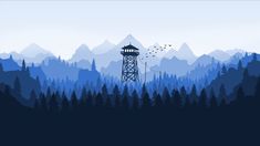 a tall tower sitting in the middle of a forest next to mountains with birds flying over it