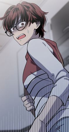 an anime character with glasses and a red jacket is looking at the camera while holding his hand