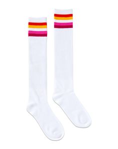 Spread peace, love, and equality when you wear these Lesbian Flag Knee High Socks. Show off your pride and upgrade your style at the same time! Includes: 1 Pair of socks Material: Polyester, spandex Care: Machine wash Imported Sporty Stretch Socks For Summer, Trendy Stretch Socks For Sports, Trendy Stretch Sports Socks, Trendy Sports Socks For Spring, Sports Socks For Spring, Spring Sports Socks With Stretch, Stretch Sports Socks For Spring, Multicolor Stretch Sports Socks, Sporty Multicolor Cotton Socks