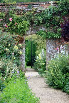 an archway in the middle of a garden filled with lots of flowers and greenery