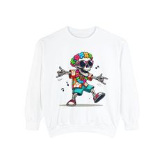 Dive into a world of whimsical fashion with our Skeleton Laughter Unisex Garment-Dyed Sweatshirt. This design takes inspiration from classic Halloween tales, infusing humor and comfort into a single garment. Each sweatshirt is crafted with care, using a garment-dyeing process that ensures rich, lasting colors and a unique, vintage look. Our team of talented artists envisioned this design as a playful nod to Halloween's spooky yet fun atmosphere. Crafted from high-quality materials, this sweatshirt is both soft and durable, making it an ideal choice for casual outings or festive gatherings. This sweatshirt is perfect for anyone who appreciates a blend of humor and style. Whether you're attending a Halloween party, lounging at home, or stepping out for a casual day, this sweatshirt adds a to White Skull Print Sweatshirt For Streetwear, White Long Sleeve Top With Skull Print, Halloween Hip Hop Crew Neck Sweatshirt, Hip Hop Halloween Crew Neck Sweatshirt, Hip Hop Halloween Sweatshirt With Crew Neck, White Graphic Print Sweatshirt For Halloween, White Casual Sweatshirt With Skull Print, Casual White Sweatshirt With Skull Print, White Graphic Print Top For Costume Party