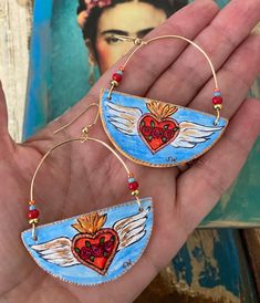 Frida Kahlo Jewelry, Frida Kahlo Earrings, Hand Painted Earrings, Painted Earrings, Painted Jewelry, Mexican Jewelry, Paper Earrings, Hand Painted Jewelry, Paper Jewelry