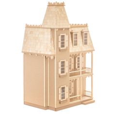 a wooden doll house is shown on a white background