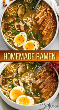 two bowls of homemade ramen with noodles and eggs