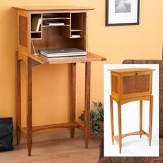 a small wooden desk with a laptop on it