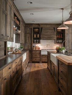 a large kitchen with wooden cabinets and white counter tops, along with wood flooring