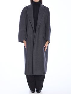 Asburgo coat in dark grey wool and cashmere. It features lapel collar, wide sleeves and two front flap pockets. Fastener-free construction. Oversized fit. Size nationality: ITComposition: 70% Virgin Wool, 30% Cashmere Gray Cashmere Workwear Outerwear, Gray Cashmere Outerwear For Work, Max Mara Coat, Cashmere Color, Oversized Jacket, Wide Sleeves, Outerwear Coats, Lapel Collar, Denim Top