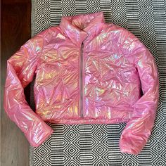 Size Small. Pink Puffy Coat, Cheap Hot Pink Wonter Coat, Iridescent Puffer Jacket, Luxury Pink Puffer Outerwear, Pink Winter Puffer Jacket With Zipper Closure, Pink Long Sleeve Puffer Jacket With Zipper Closure, Pink Puffer Jacket, Imvu Outfits Ideas Cute, Star Embroidery