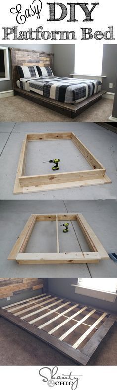 the diy platform bed frame is made out of wood and has been assembled to look like