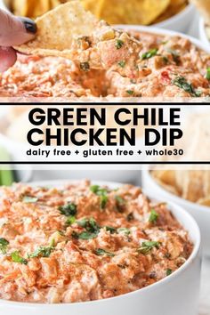 green chile chicken dip in a white bowl with tortilla chips on the side