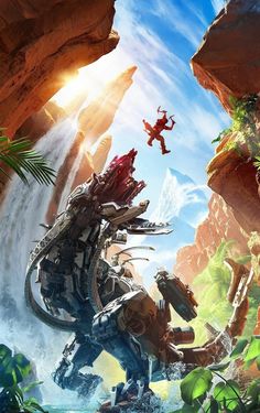 an image of a man riding on the back of a dinosaur in front of a waterfall