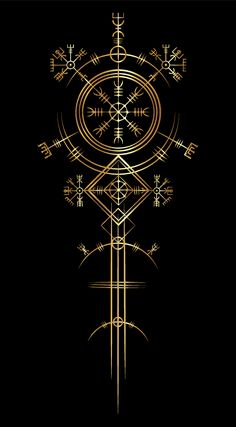 an artistic golden design on black background with gold lines and circles in the center, surrounded by other decorative elements