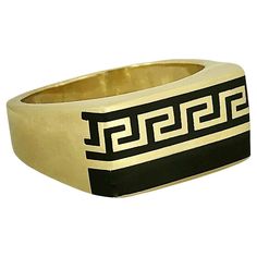 This sharp and tailored 14k yellow gold gents ring with a black enamel Greek Key motif is a true classic. The design area measures 13/16 inches by 7/16 inches and can be worn in two positions, with the Greek key motif on the top or on the bottom. The marking 585, indicating 14k, is laser engraved inside the shank. Ring size 9 1/2. The ring is lightweight and beautifully finished inside and outside. . Gross weight 6.50 grams. Gents Ring, Antique Jewelry Rings, Greek Jewelry, Greek Key, Gold Enamel, Black Enamel, Vintage Watches, Laser Engraved, Antique Jewelry