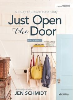 the front cover of just open the door bible study, with two purses hanging from hooks