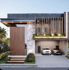 two cars parked in front of a modern house