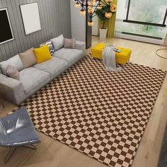 a living room filled with furniture and a checkered rug