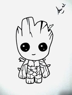 a drawing of a baby grooter with big eyes and an arm around it's body