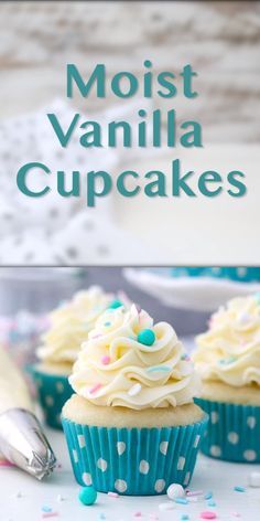 vanilla cupcakes with white frosting and sprinkles