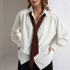 Achieve effortless chic with the Adily Casual Tie Shirt Blouse! This trendy top features an eye-catching tie detailing that pairs well with jeans or trousers for a stylish put together look. Perfect for casual days and nights, you'll be looking adily fabulous! Rock that tie with a button up or down, or just chill without it. GENDER: WOMEN Item Type: Tops & Shirts Material: Polyester Fabric Type: Broadcloth Collar: Turn-down Collar Closure Type: Single Breasted SIZE CHART Size (CM) Bust Shoulder Light Academia Vibes, Breast Sizes Chart, Button Up Shirt Women, Loose Tie, Hip Hop Fashion 90s, Light Academia Aesthetic, 90s Fashion Grunge, Straight Clothes, Perfect Summer Outfit