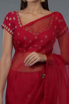 Shop for Talking Threads Saree- Pure Organza Silk Embroidered Saree With Blouse for Women Online at Aza Fashions Embroidery Zardozi, Leaf Sleeve, Embroidered Saree, Red Saree, Pattern Embroidery, Blouse For Women, Royal Red, Silk Embroidery, Saree With Blouse