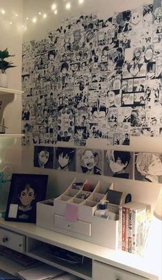 the wall is covered with many pictures and drawings