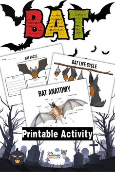 printable activity for kids to practice bat anatomy in the halloween themed classroom, including bats and tombstones