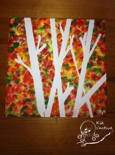 an art project with trees painted on it and the words place tape in certain areas, then allow children to paint with red orange green and brown