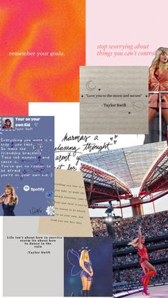 the collage has many different pictures and words on it, including an image of a woman