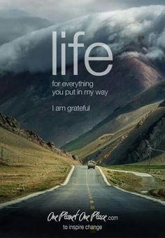 a road with mountains in the background and a quote about life on it that says, for everything you put in my way i am grateful