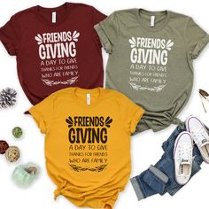 Happy Friendsgiving! Celebrate this holiday season with this fun Friendsgiving inspired Tshirt. Get your hands on this fabulous friendsgiving shirt now! The perfect shirt for your group of friends at Thanksgiving. THE SHIRT  This t-shirt is everything you've dreamed of and more. It feels soft and lightweight, with the right amount of stretch. It's comfortable and flattering for all. * Soft Cream & Medium Grey shirts come with a black graphic. Maroon, Navy, Heather Autumn, Olive & Teal come with a white graphic. * 100% combed and ring-spun cotton (Heather colors contain polyester) * Heather colors are 52% combed and ring-spun cotton, 48% polyester * Fabric weight: 4.2 oz (142 g/m2) * Pre-shrunk fabric * Side-seamed construction * Shoulder-to-shoulder taping THE SIZE: * Unisex Sweatshirt * S Friendsgiving Shirt Svg, Funny Friendsgiving Shirts, Friendsgiving T Shirt Ideas, Kids Friendsgiving Shirt, Friends Tv Show Thanksgiving Shirt, Friendsgiving Shirts Ideas, Friends Themed Thanksgiving Shirts, Friendsgiving Shirts For Women, Friends Who Are Family