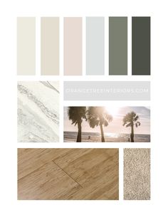 the color scheme for an interior design project with palm trees, sand and sea foam