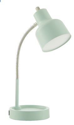 a white desk lamp with a light green shade on it's head and arm