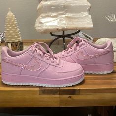 Nike Pink Corduroy Air Force 1’s With Pink Swarovski Crystals. One Of A Kind! Size 6.5 Y Women’s 8 Or 8.5. Brand New Never Worn Does Not Come With Original Box But Does Include A Nice Shoe Box. I’m An 8 They Fit But Would Also Fit 8.5 Custom Pink Nikes, Nike Women’s Shoes, Nike Leather Sneakers, Neon Nike Shoes, Nike Rosa, Nike Shoes Women Fashion, Nike Leather, Pink Nike Shoes, Fav Products