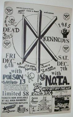 an old concert poster with the band's names and dates in black on white paper