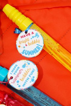 there are two badges on the back of a bag that says have a bright and bubbly summer