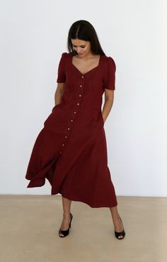 "This LIMI style dress is hand-made from soft linen to keep you comfy in warm weather. This dark cherry maxi dress is perfect for casual wear or beautiful occasions.  PRODUCT FEATURES:  - Handmade with love. - 100% soft natural linen. Breathable and comfortable.  - With buttons & pockets. - Maxi dress. COLOR: - Dark cherry, you can also choose other colors above. SIZING & FIT: - Dress from the height of the shoulder - 129 cm / 50,7\" (172 cm / 5'6\" tall). - Model is 172cm /  5'6\" tall, chest - 92 cm / 36,2\", waist - 79 cm / 31,1\", hips - 92 cm / 36,2\" and wearing a size M (38). - Measurements taken from a size S to XL. SIZE GUIDE Body measurements guide in inches Size S (34) to fit bust 32,6\", waist 34,2\", hips 36,2\" and bicep 11\" Size S/M (36) to fit bust 34,2\", waist 27,5\", hi Summer Linen Maxi Dress With Button Closure, Linen Maxi Dress With Button Closure For Summer, Linen Maxi Dress With Pockets, Chic Linen Maxi Dress With Buttons, Relaxed Fit Linen Maxi Midi Dress, Linen Midi Dress With Relaxed Fit, Chic Linen Maxi Dress With Pockets, Casual Linen Maxi Dress With Buttons, Short Sleeve Linen Maxi Dress