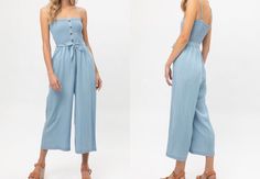 "Please check our US number size regarding our S/M/L: Small (US 2-4), Medium (4-6), Large (8-10) Wide Crop Leg Chambray Smocked Top Jumpsuit. Sleeveless Romper Features Soft Jean Tencel Fabrication and Adjustable Strap. Spring Summer Jumper has Pockets and Waist Belt and it is Available in Denim Wash from Size Small to Large. Model is Wearing Size Small. Model: 5'9\" 32C bust, 25\" waist, and 36\" hips. 100% Tencel Perfect, Soft Cozy top to wear with your Dainty Accessories. Active or lounge, al Casual Jumpsuits And Rompers With Smocked Back For Daywear, Blue Sleeveless Jumpsuits And Rompers With Smocked Bodice, Blue Vacation Jumpsuits And Rompers With Smocked Bodice, Blue Casual Jumpsuits With Smocked Bodice, Blue Sleeveless Jumpsuit With Smocked Bodice, Sleeveless Blue Jumpsuit With Smocked Back, Cheap Non-stretch Summer Denim Jumpsuit, Blue Sleeveless Jumpsuit With Smocked Back, Blue Jumpsuit With Smocked Back